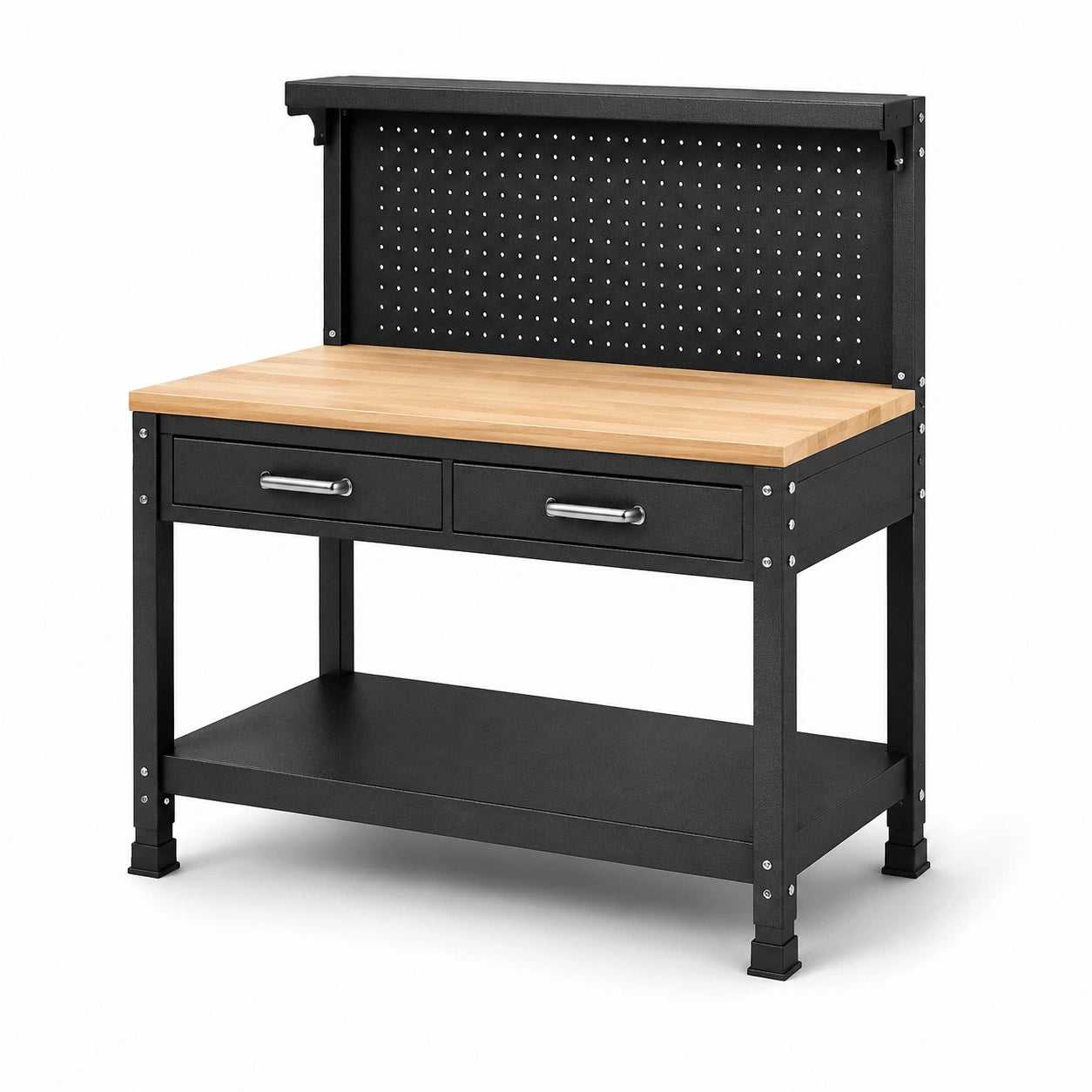 Établi en bois et métal avec tiroirs et panneau perforé noir