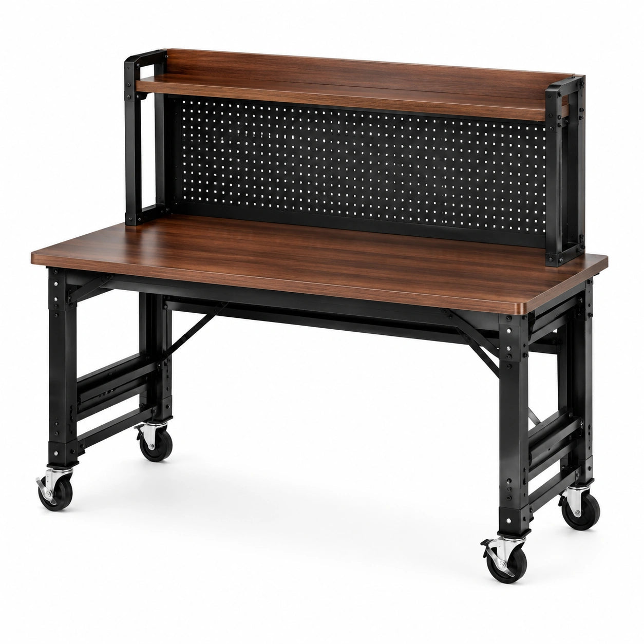 Établi mobile en bois et métal avec étagère perforée