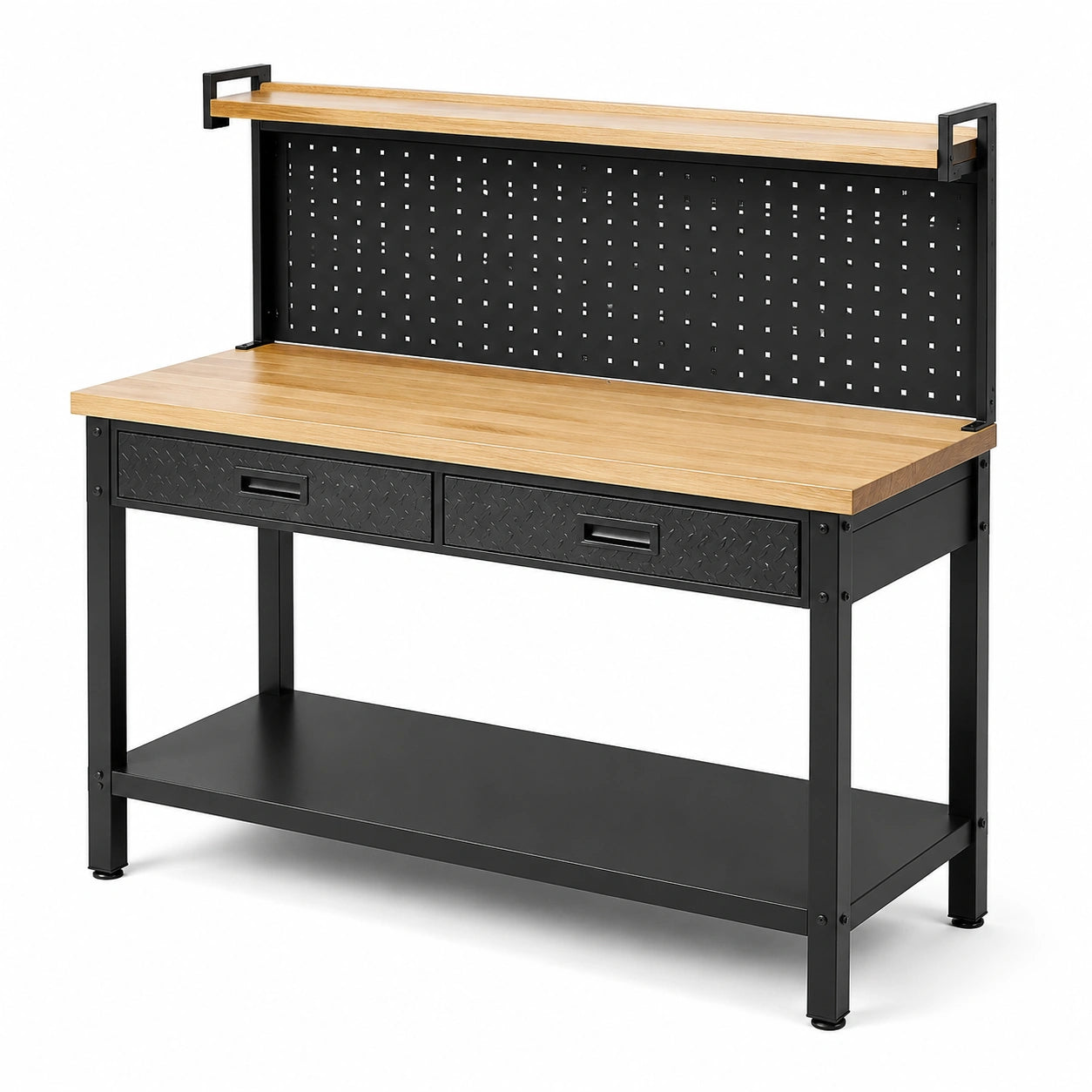 Établi en métal et bois avec panneau à outils