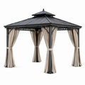 Pavillon de jardin métal avec toit à étages et rideaux beiges