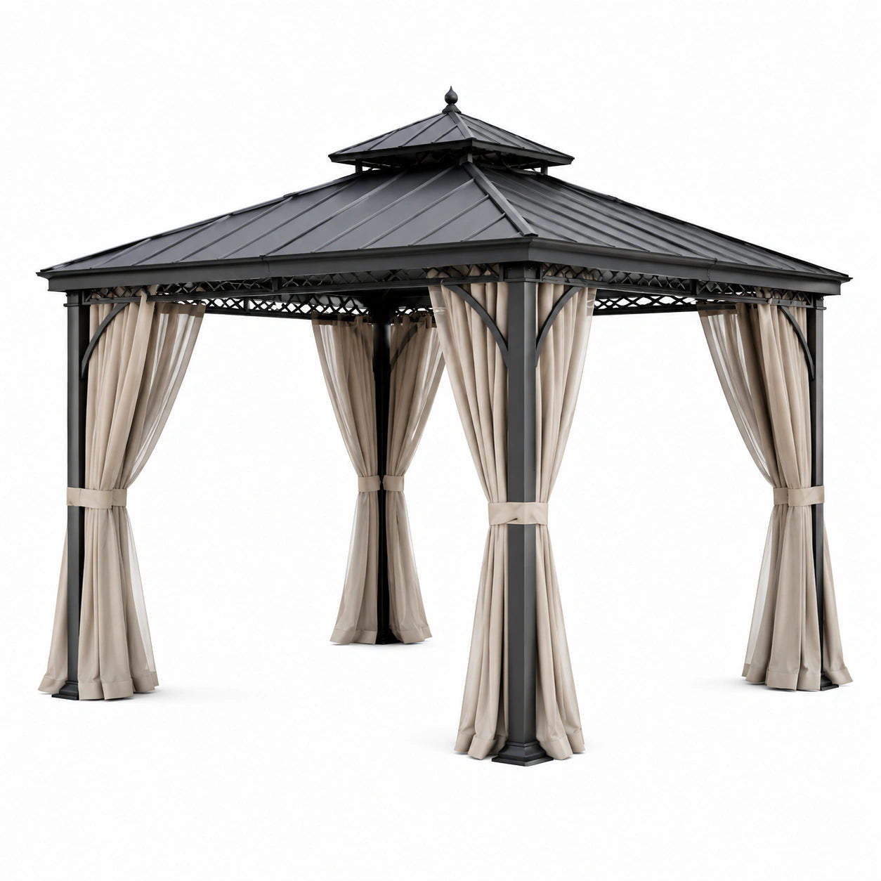 Pavillon de jardin métal avec toit à étages et rideaux beiges