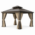 Pavillon de jardin en aluminium avec toit en acier et rideaux en polyester brun et beige