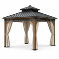 Pavillon de jardin en bois et métal avec rideaux en polyester beige