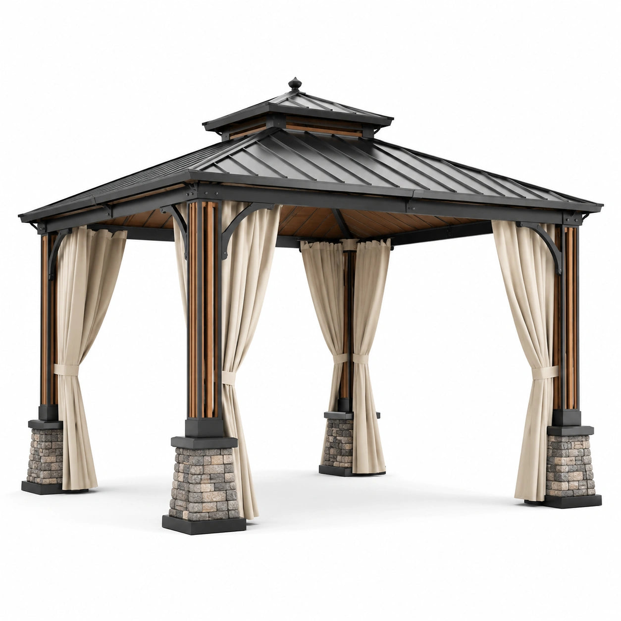 Pavillon en aluminium avec toit en acier et rideaux en polyester
