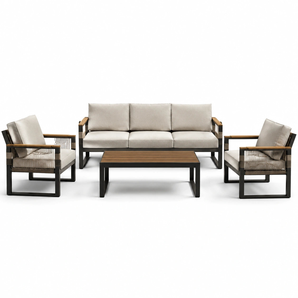 Ensemble de salon de jardin en aluminium et bois avec coussins en polyester beige