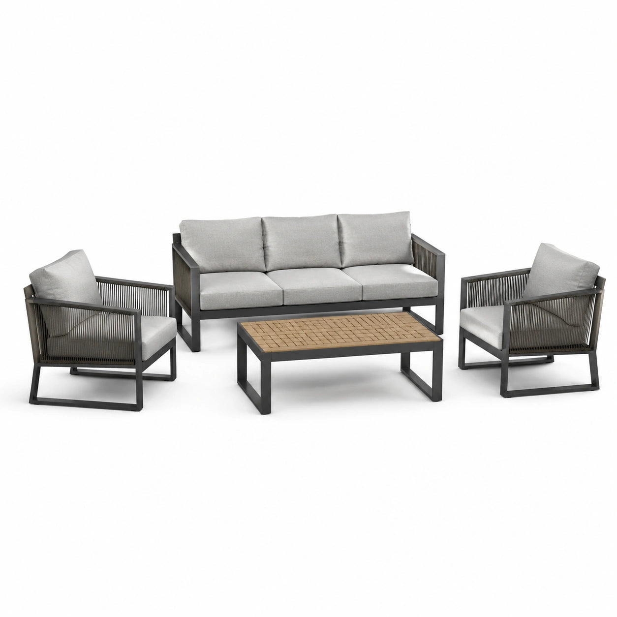 Ensemble de Salon de Jardin en Aluminium avec Coussins en Polyester Gris et Table en Teck