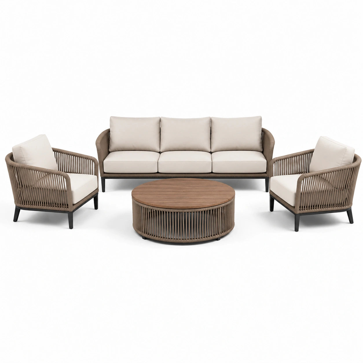 Ensemble de salon extérieur en aluminium et corde avec coussins en polyester beige