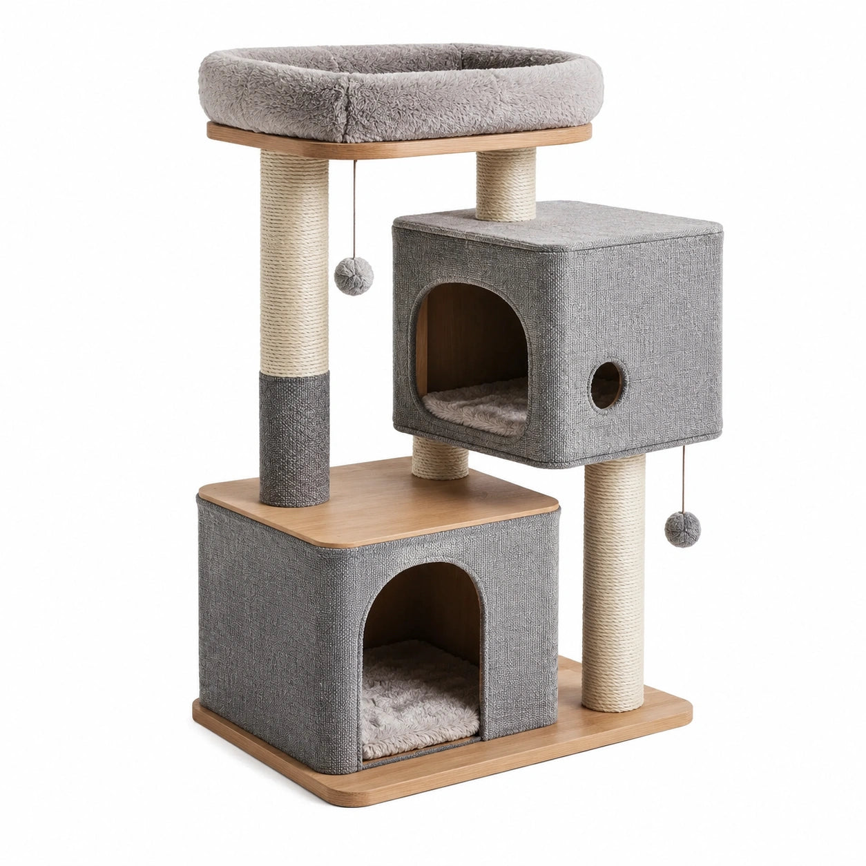 Arbre à chat en bois et tissu polyester gris avec griffoirs en sisal
