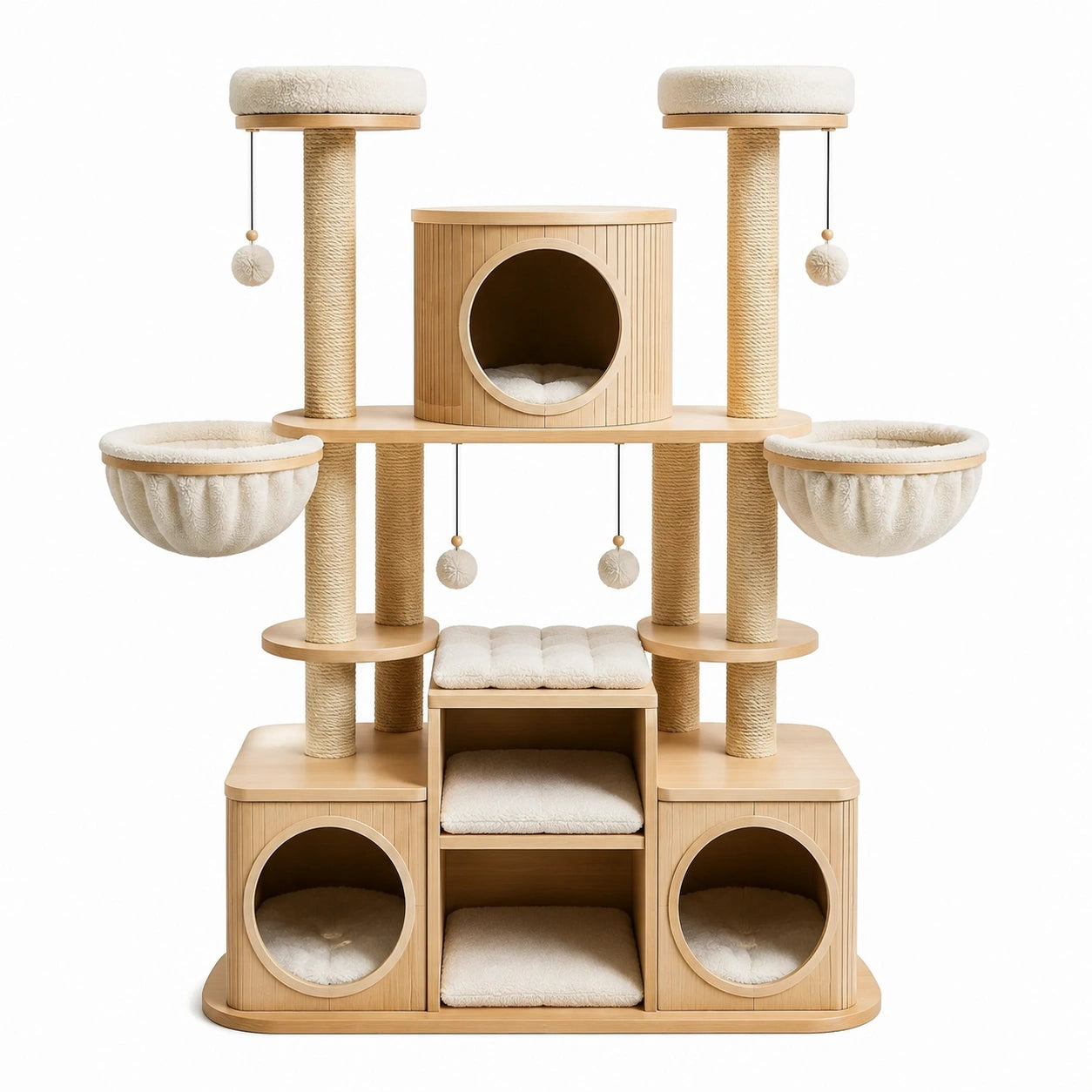 Arbre à chat en bois avec corde de sisal et tissu peluche beige 150 cm