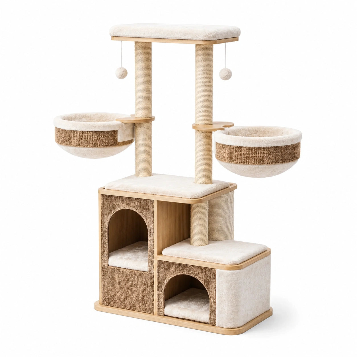 Arbre à chat en bois et sisal avec paniers et coussins crème