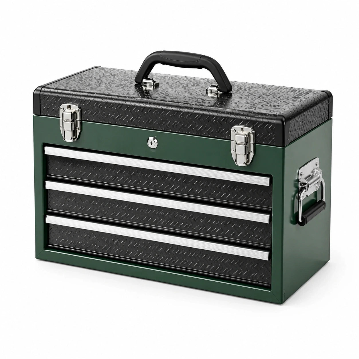 Boîte à outils en métal avec 3 tiroirs vert/noir