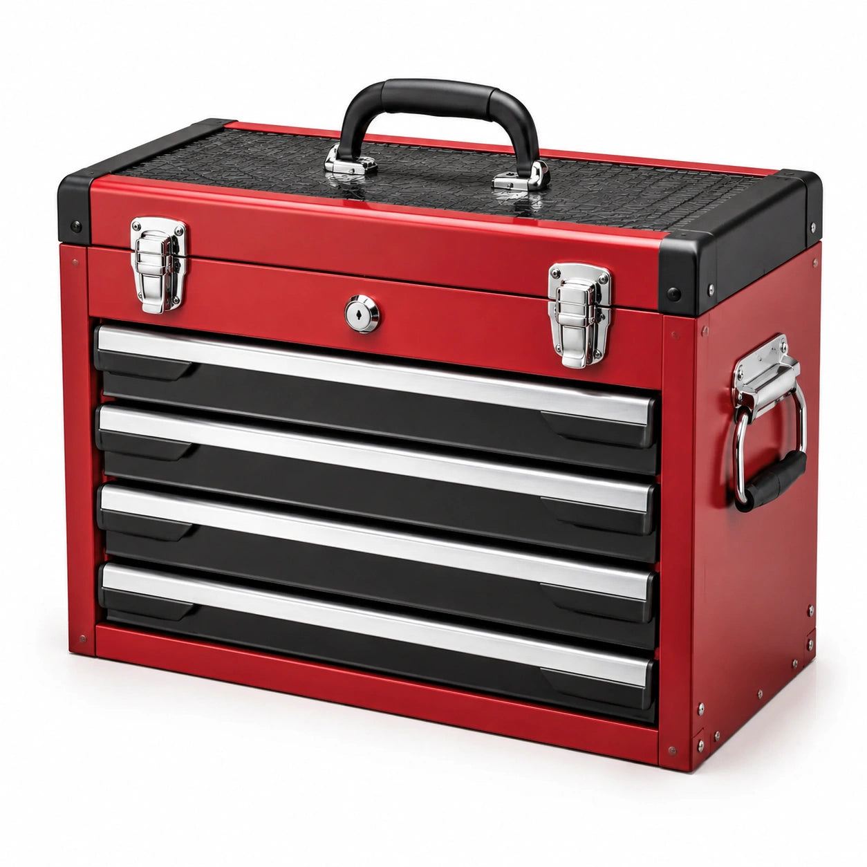 Boîte à outils en métal rouge et noir avec 4 tiroirs