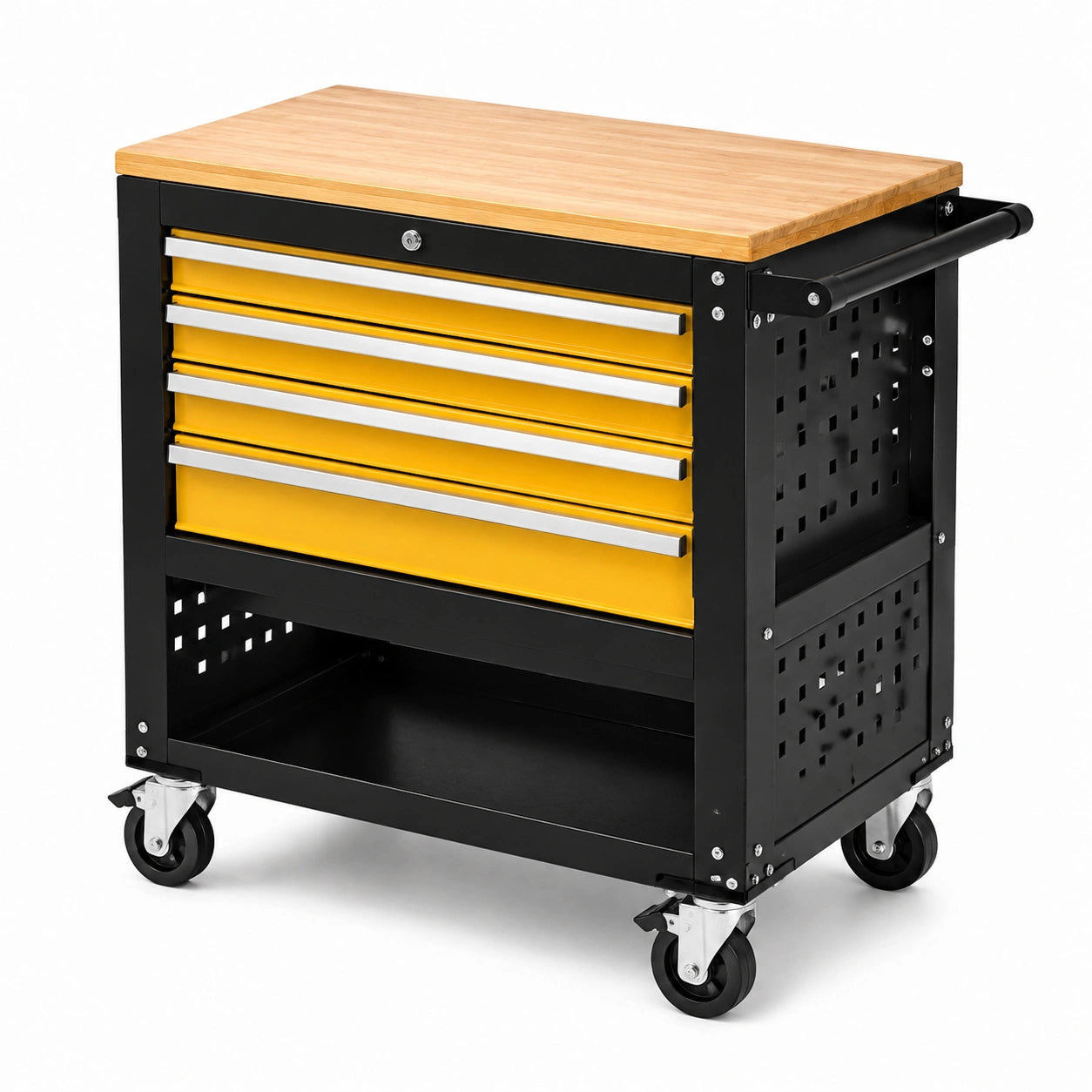 Chariot à outils en acier avec plateau en bois et tiroirs jaunes