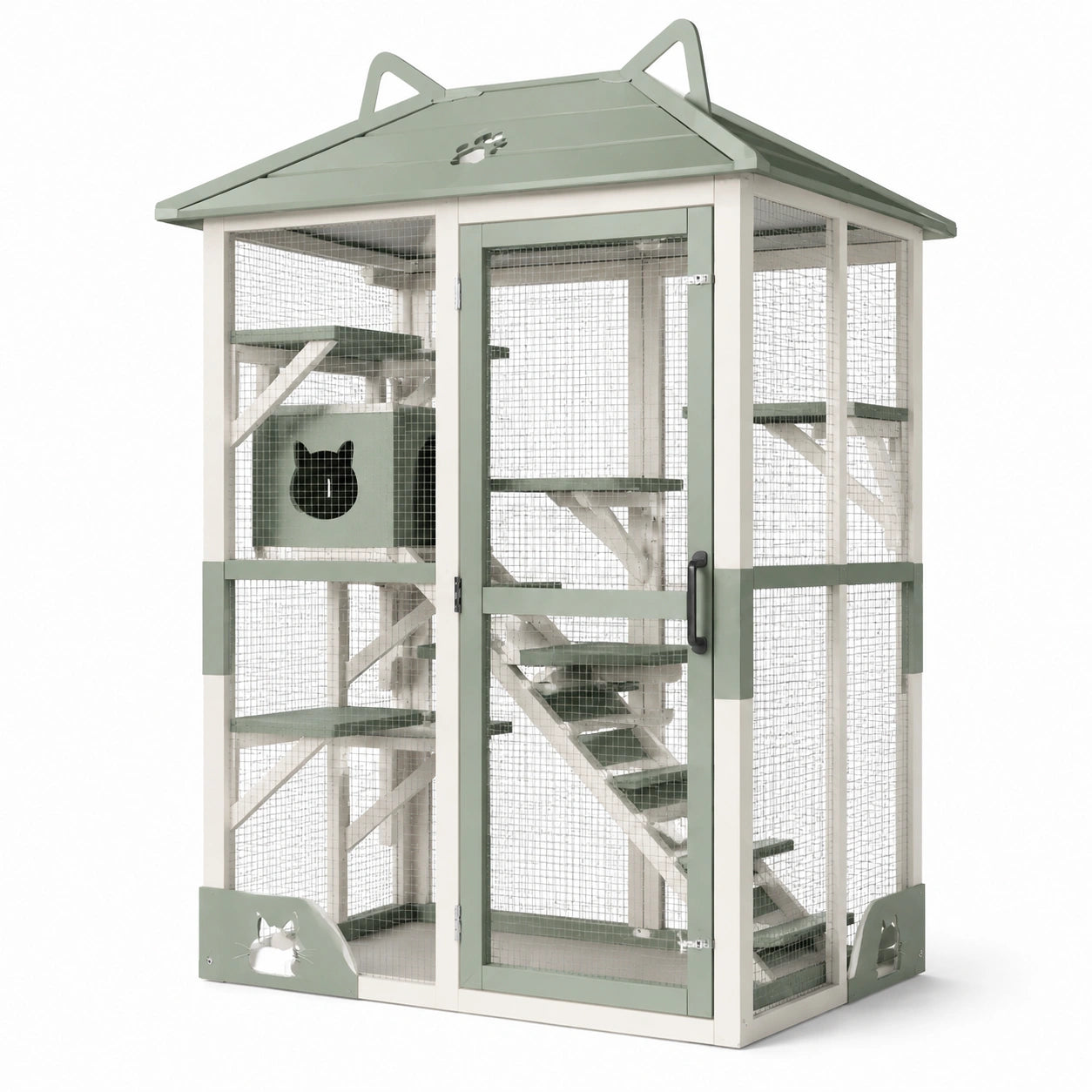 Enclos pour chat en bois et métal avec grillage en acier galvanisé vert et blanc 180x120x100cm