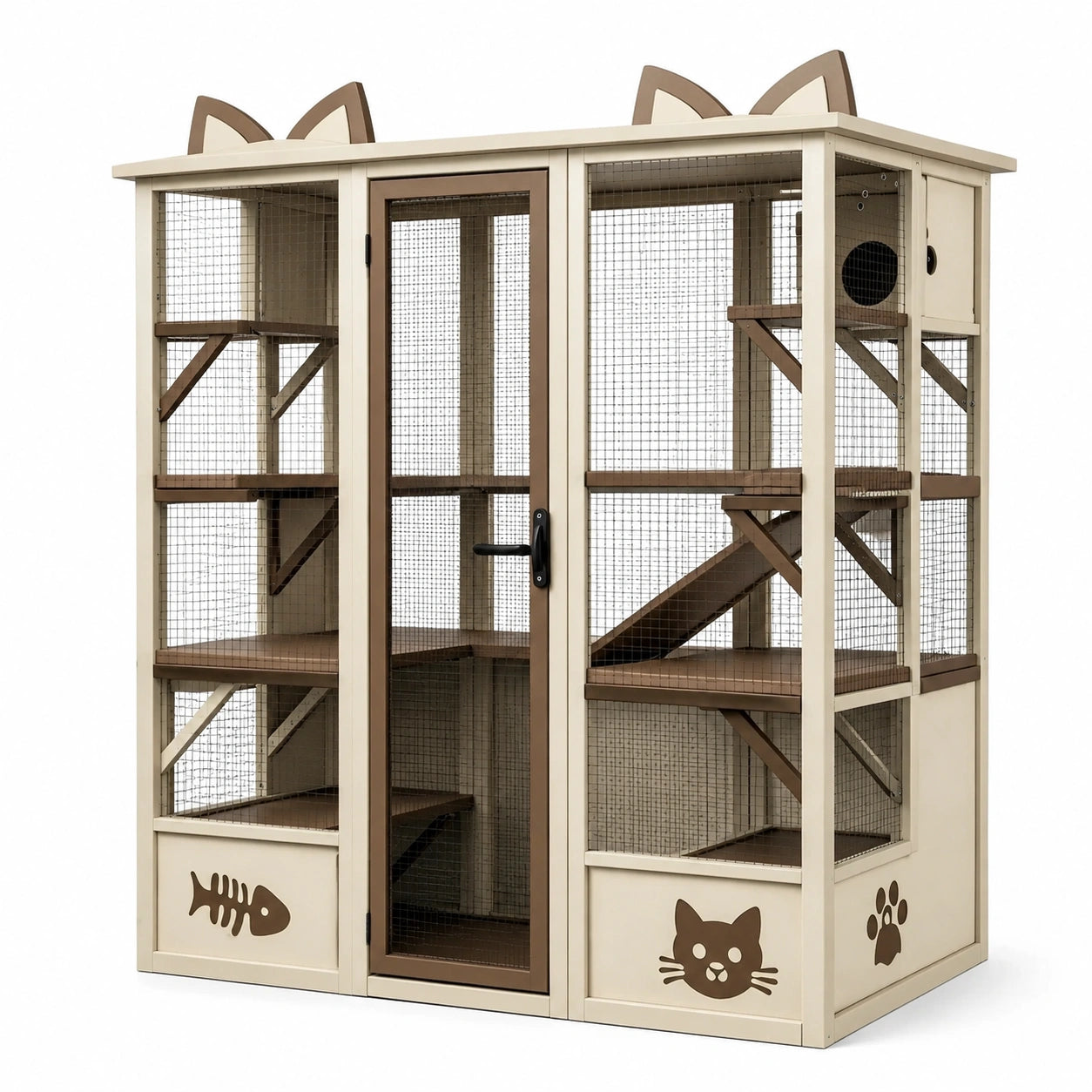 Enclos pour chat en bois avec grillage métallique beige et marron