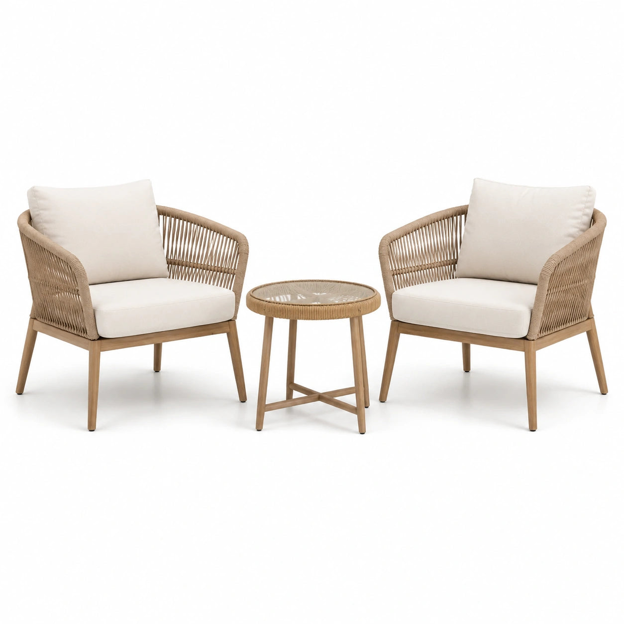 Ensemble de fauteuils en bois et corde avec table en verre beige