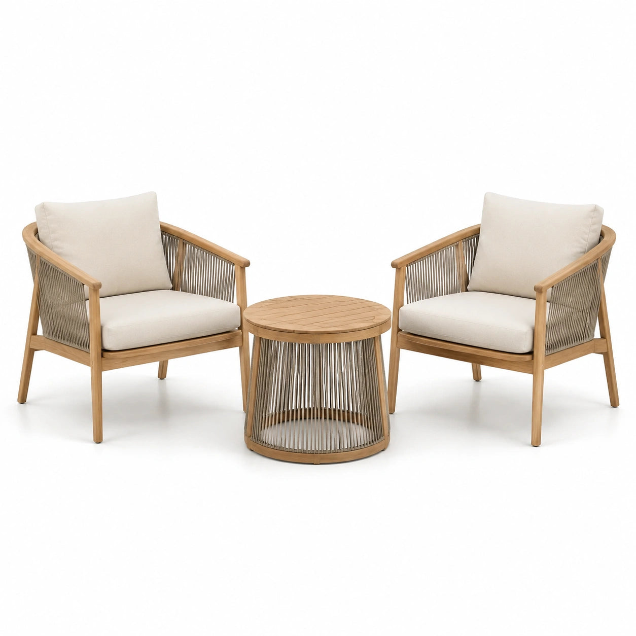 Ensemble bistrot trois pièces en bois et corde polyester beige