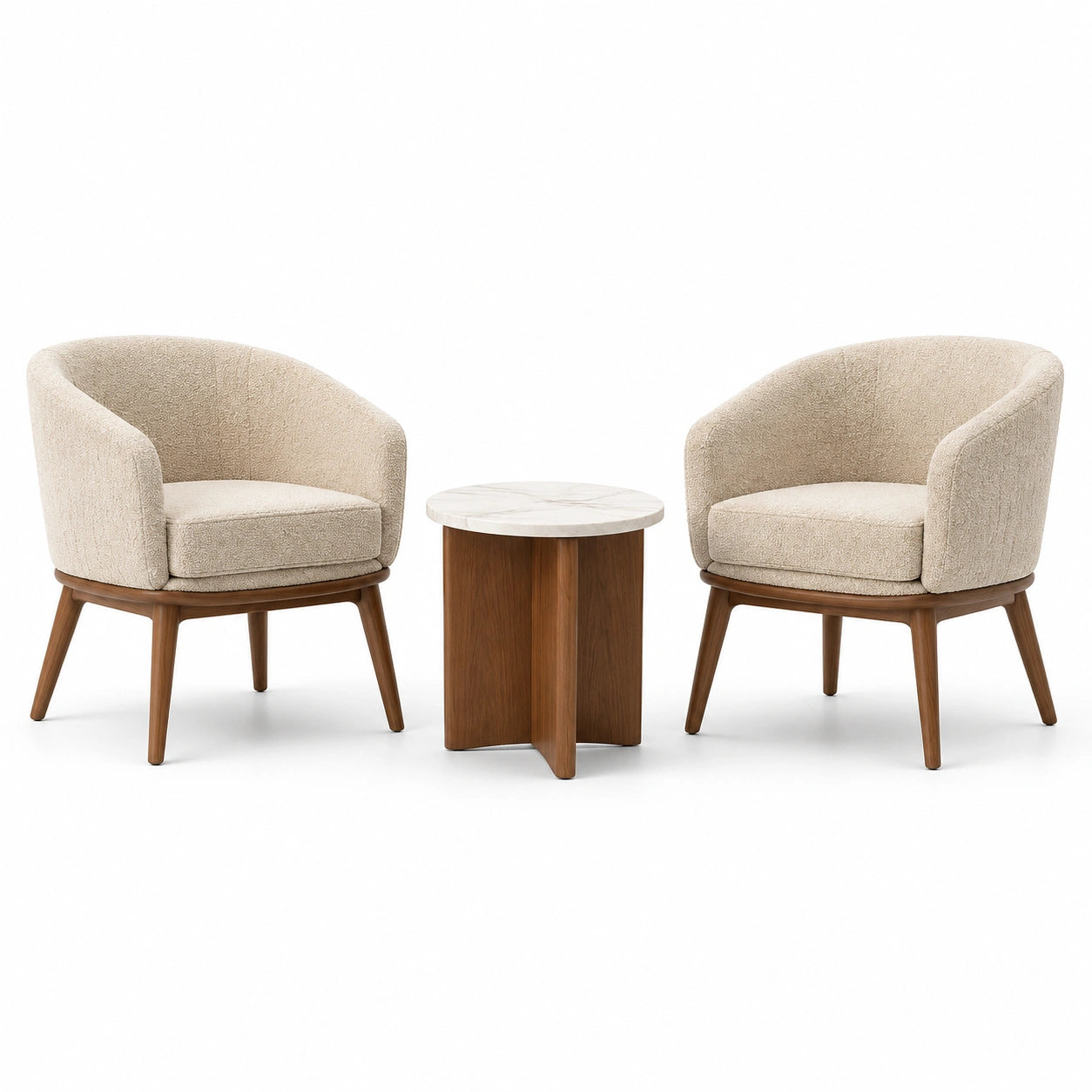 Ensemble de bistrot 2 chaises en tissu beige avec table en bois et marbre