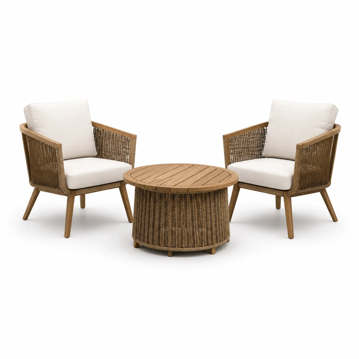Ensemble de mobilier en rotin et bois clair avec table ronde et 2 fauteuils